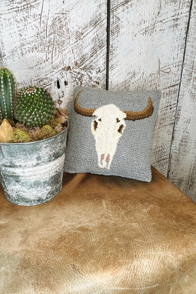 The Grey Longhorn ~ Wool Hooked Pillow