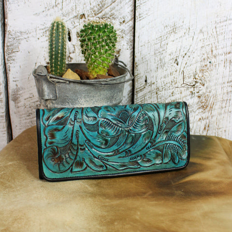 Antonio Tooled Leather Wallet in Turquoise