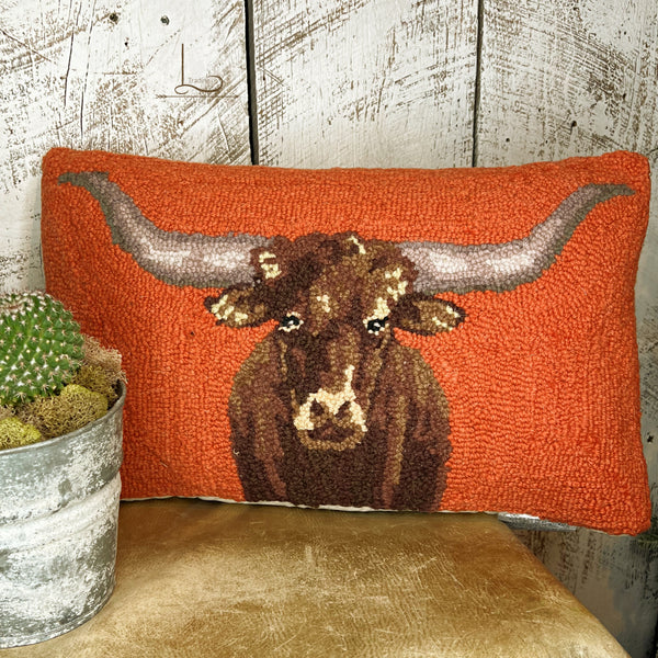 The Longhorn  ~ Wool Hooked Pillow