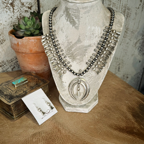 The Mini Sterling Silver Squash Blossom Necklace with earrings