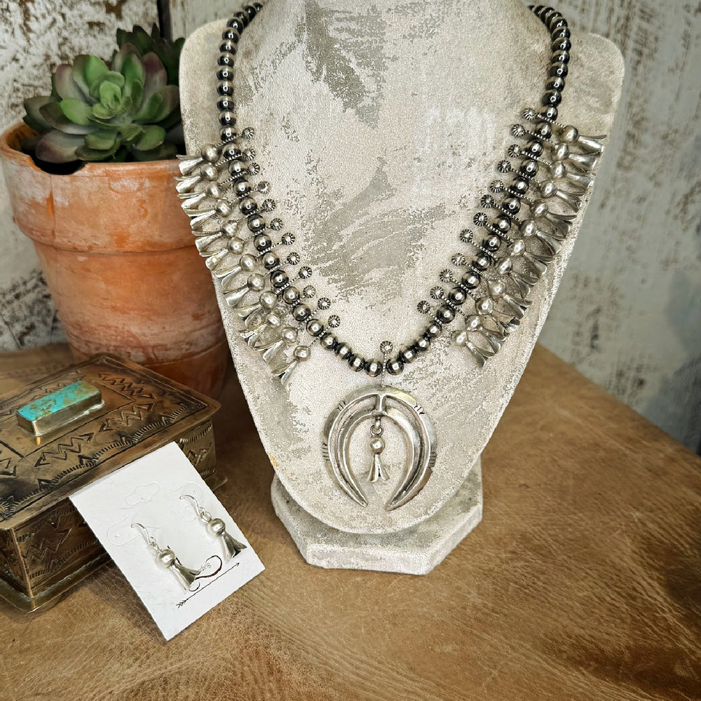 The Mini Sterling Silver Squash Blossom Necklace with earrings