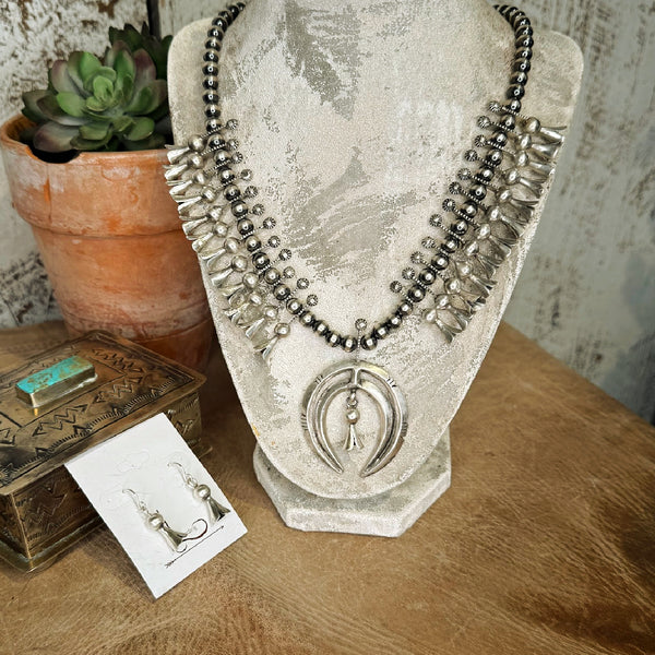 The Mini Sterling Silver Squash Blossom Necklace with earrings