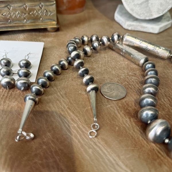 Handmade Sterling Silver Stamped Barrel Pearls Necklace with Earrings