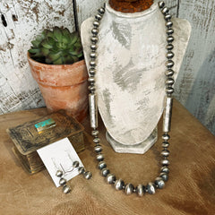 Handmade Sterling Silver Stamped Barrel Pearls Necklace with Earrings