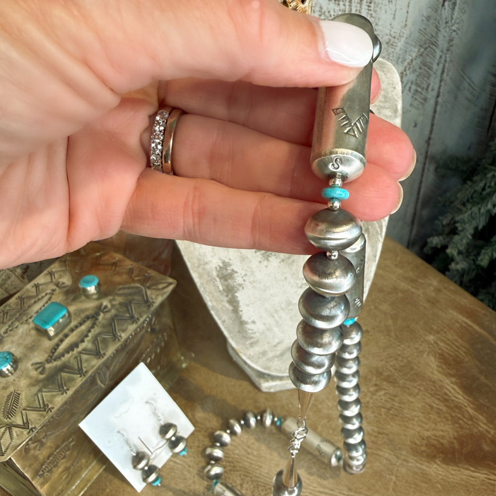 Handmade Sterling Silver Barrel Pearls & Turquoise necklace with Earrings