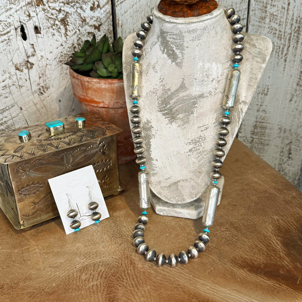 Handmade Sterling Silver Barrel Pearls & Turquoise necklace with Earrings
