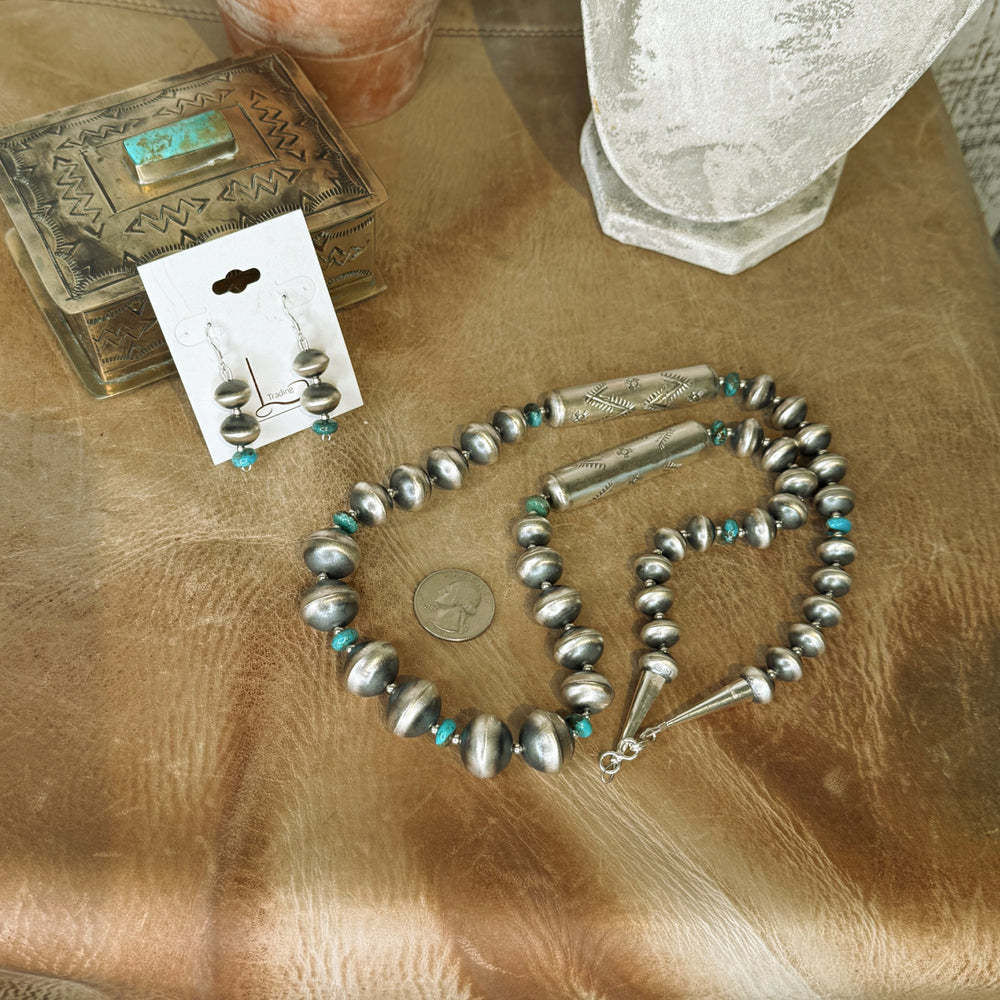 Handmade Sterling Silver Barrel Pearls & Turquoise necklace with Earrings