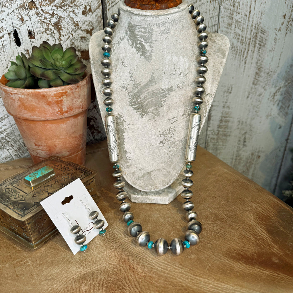 Handmade Sterling Silver Barrel Pearls & Turquoise necklace with Earrings