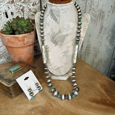 Handmade Sterling Silver Barrel Pearls & Turquoise necklace with Earrings