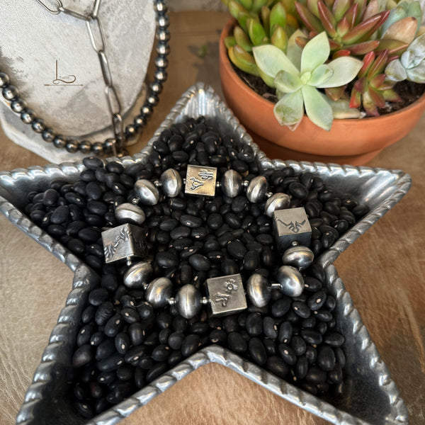 The Sterling Square Handstamped Pearl Bracelet ~ Horse, Longhorn & Cactus