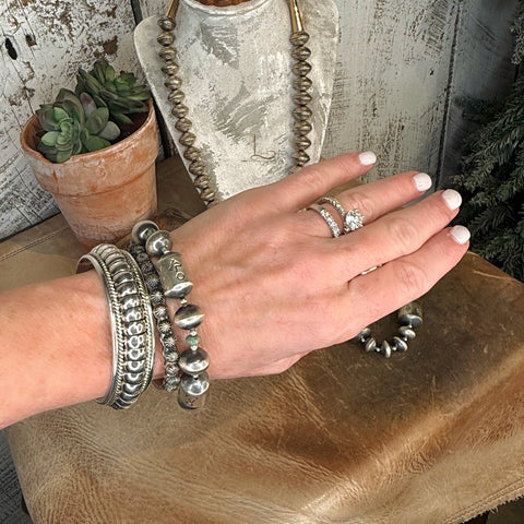 The Sterling Silver Handstamped Barrel Pearl Bracelet with Turquoise ~ Horse & Longhorn