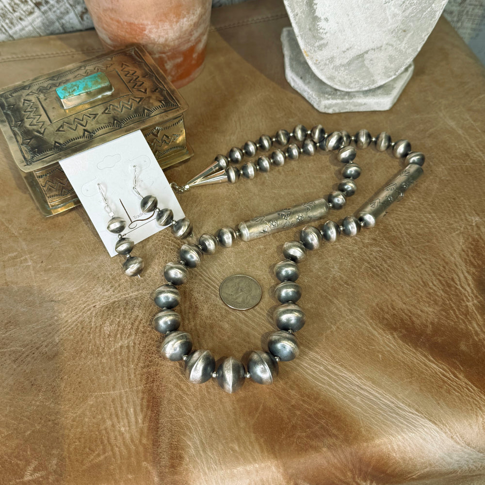 Handmade Sterling Silver Stamped Barrel Pearls Necklace with Earrings