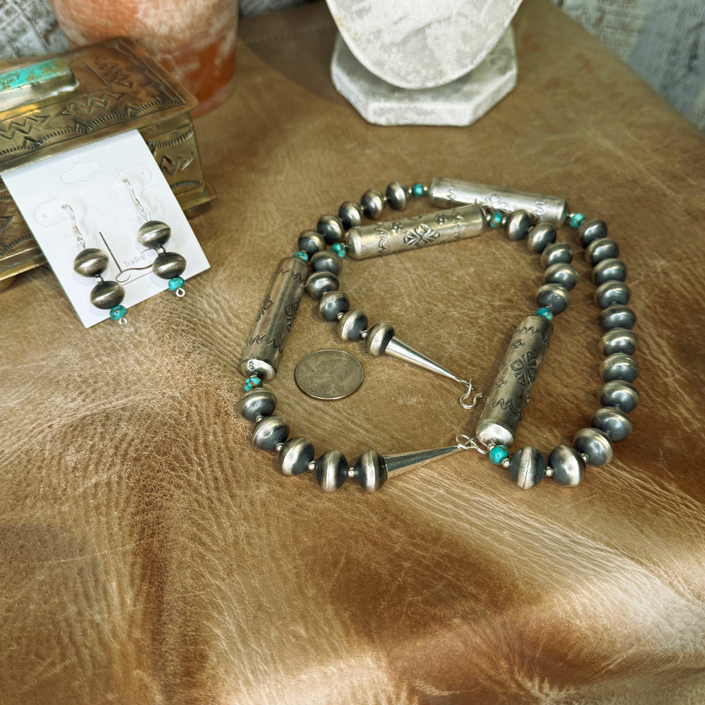 Handmade Sterling Silver Barrel Pearls & Turquoise necklace with Earrings