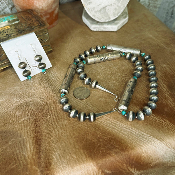 Handmade Sterling Silver Barrel Pearls & Turquoise necklace with Earrings