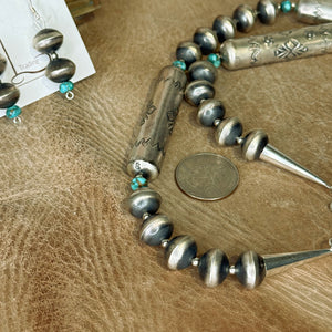 Handmade Sterling Silver Barrel Pearls & Turquoise necklace with Earrings