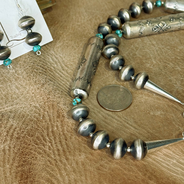 Handmade Sterling Silver Barrel Pearls & Turquoise necklace with Earrings