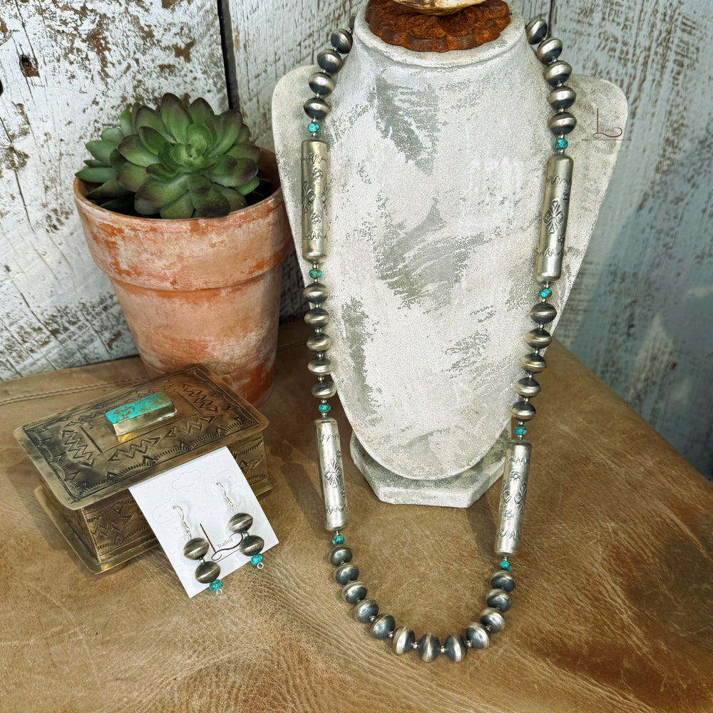 Handmade Sterling Silver Barrel Pearls & Turquoise necklace with Earrings