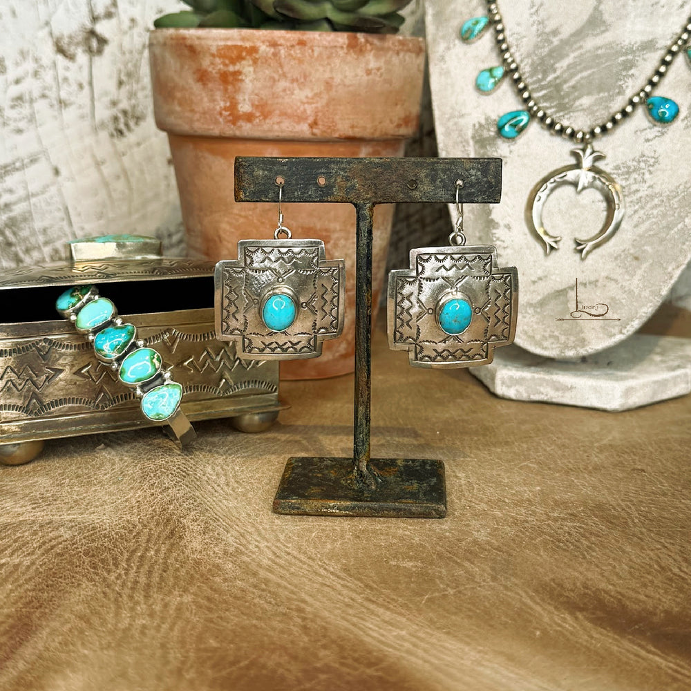 The Turquoise and Sterling Silver Cross Concho Earrings