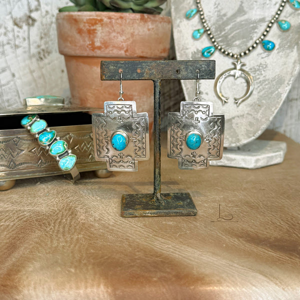 The Turquoise and Sterling Silver Cross Concho Earrings