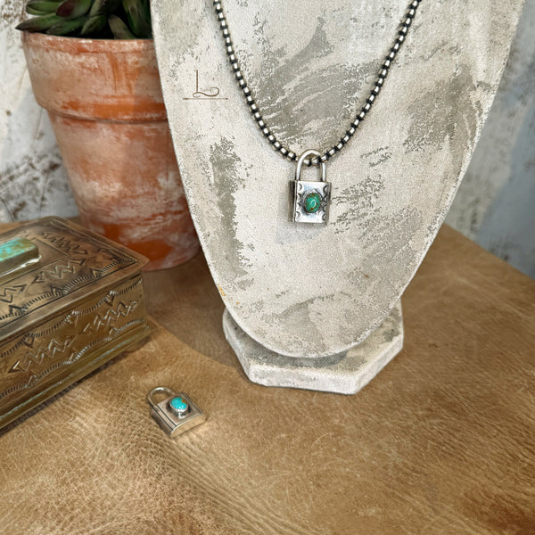 The Turquoise & Sterling Stamped Lock Charm Pendant