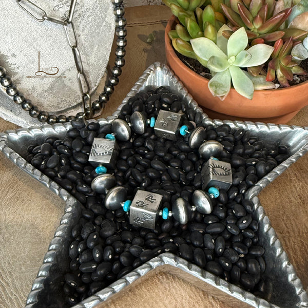 The Sterling & Turquoise Square Pearl Bracelet - Horse, Longhorn & Cactus
