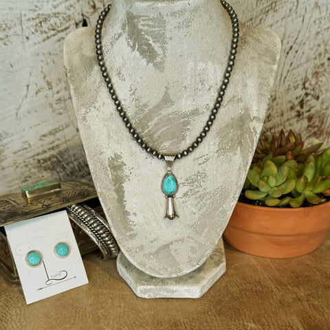Turquoise Squash Blossom & Sterling Silver Pearl Necklace