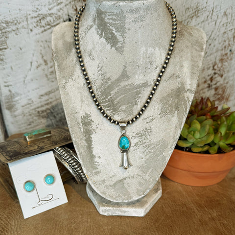 Turquoise Squash Blossom & Sterling Silver Pearl Necklace