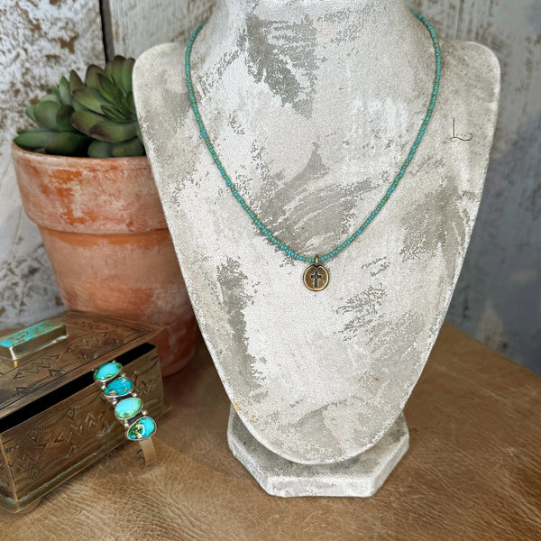 The Turquoise Bead with Bronze Cross Necklace