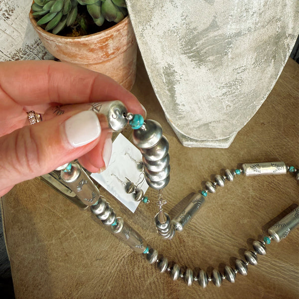 Handmade Sterling Silver Barrel Pearls & Turquoise necklace with Earrings