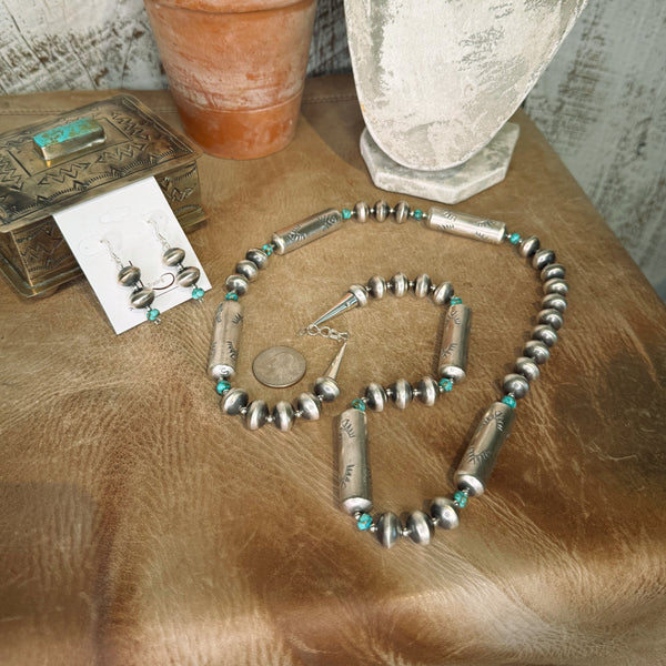 Handmade Sterling Silver Barrel Pearls & Turquoise necklace with Earrings