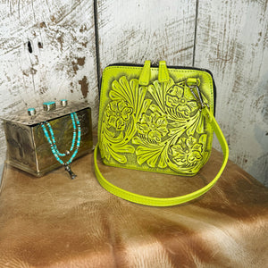 The Catalina Tooled Leather Crossbody in Chartreuse