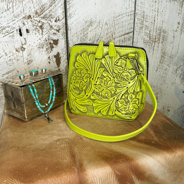 The Catalina Tooled Leather Crossbody in Chartreuse