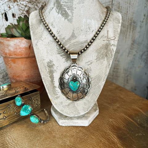 Grande Sterling Silver & Turquoise Heart Concho Pendant