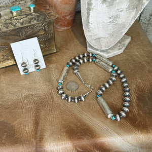 Handmade Sterling Silver Barrel Pearls & Turquoise necklace with Earrings