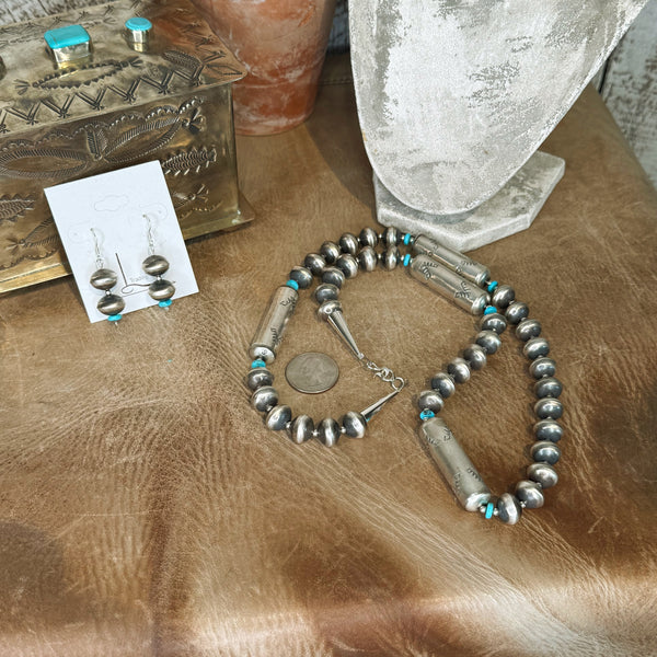 Handmade Sterling Silver Barrel Pearls & Turquoise necklace with Earrings
