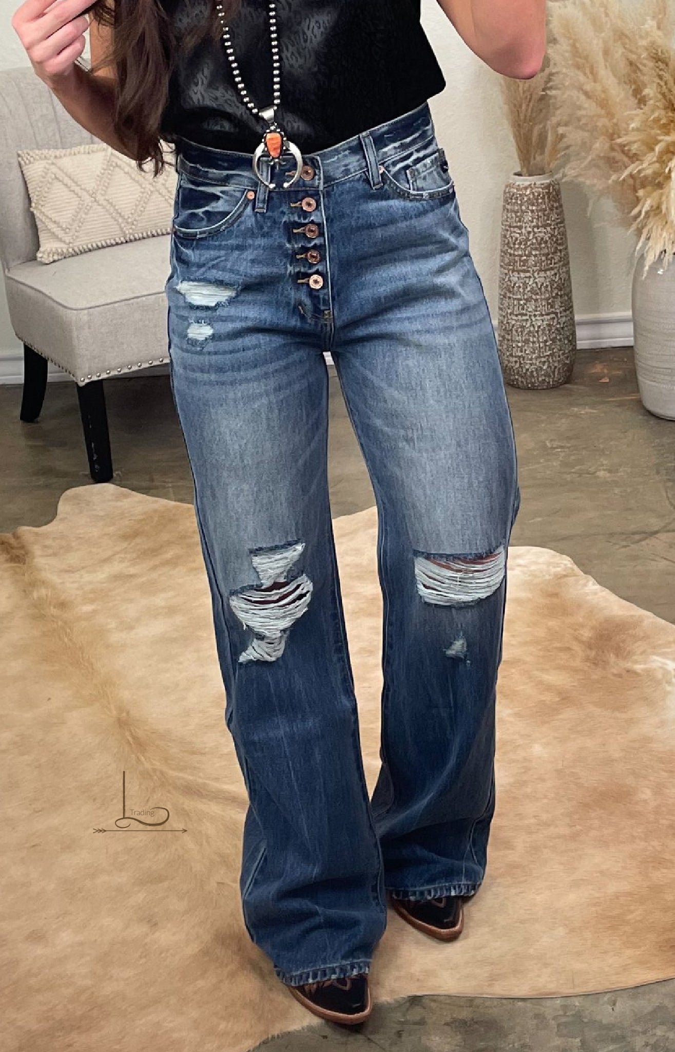 The Josey ~ Distressed Wide Leg Jeans – L Trading