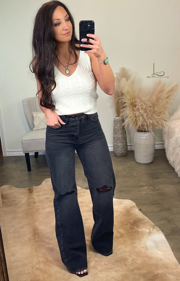 The Charlie ~ Wide Leg Faded Black Jeans