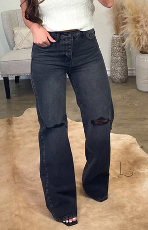 The Charlie ~ Wide Leg Faded Black Jeans