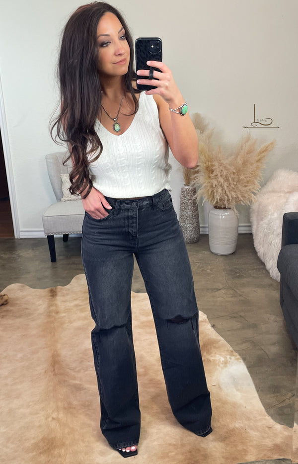 The Charlie ~ Wide Leg Faded Black Jeans