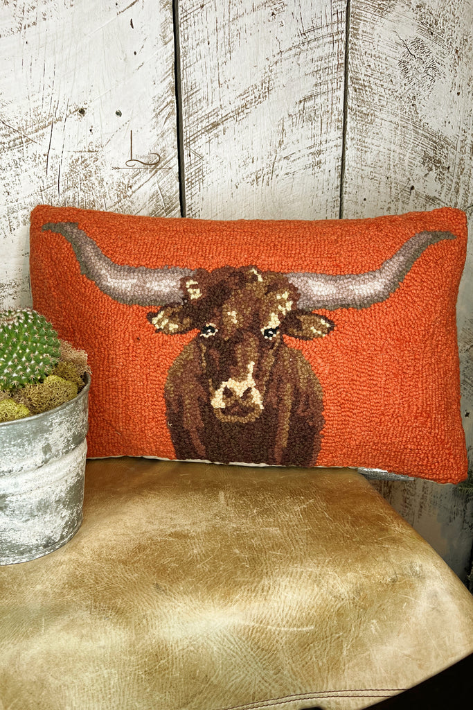 The Longhorn  ~ Wool Hooked Pillow